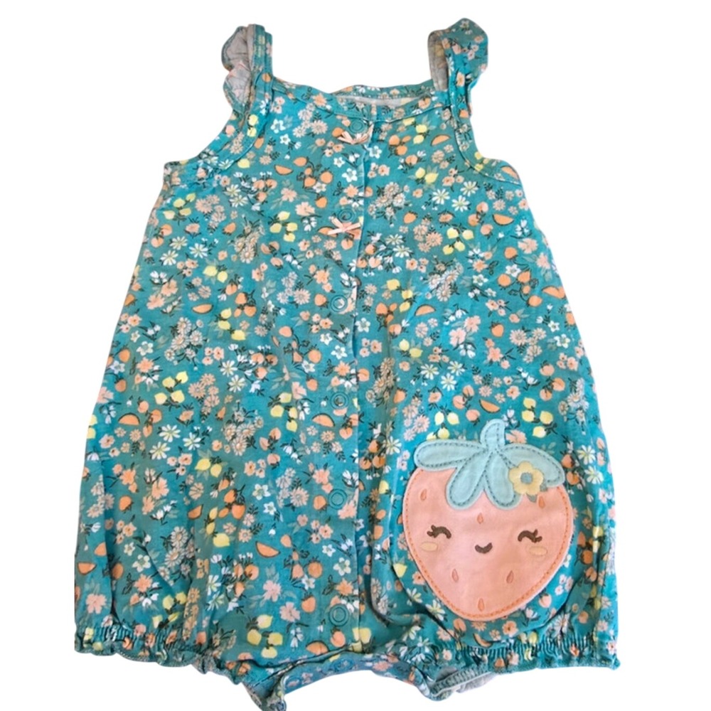 Carters Baby Girl Teal Floral Strawberry Snap Front Romper 6 Months Sleeveless